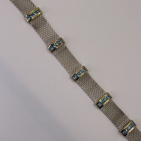 Bracelet Sterling Silver & Gold Mesh Blue Topaz Accents 925 Italy Bracelet - Picture 9 of 13